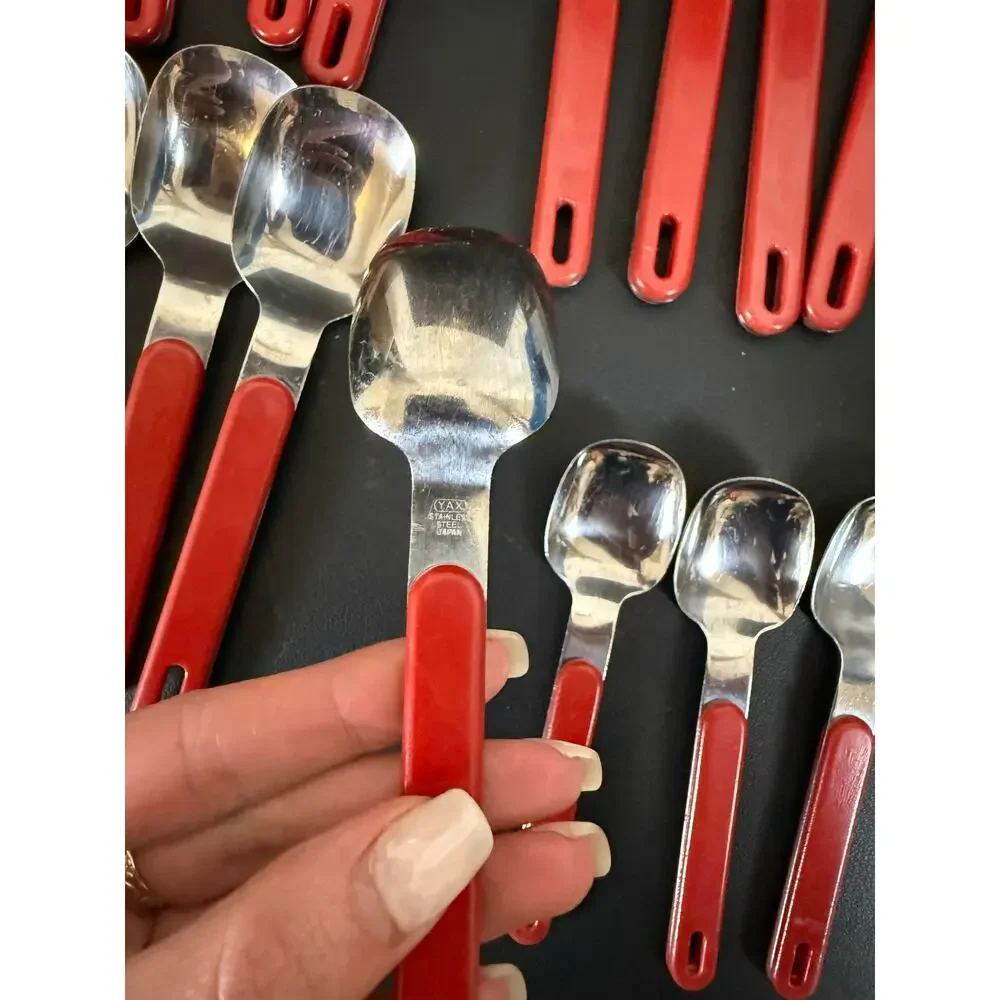 Vintage MCM Red Melanine Handle YAX Flatware Utensil Set